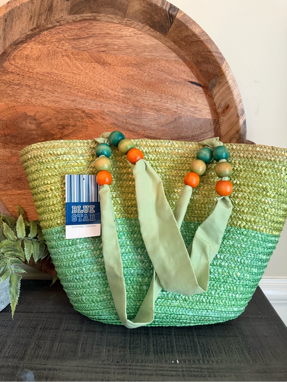Blue Star Green Ombre Woven Straw Beach Tote Bag with Beaded Handles Summer NWT